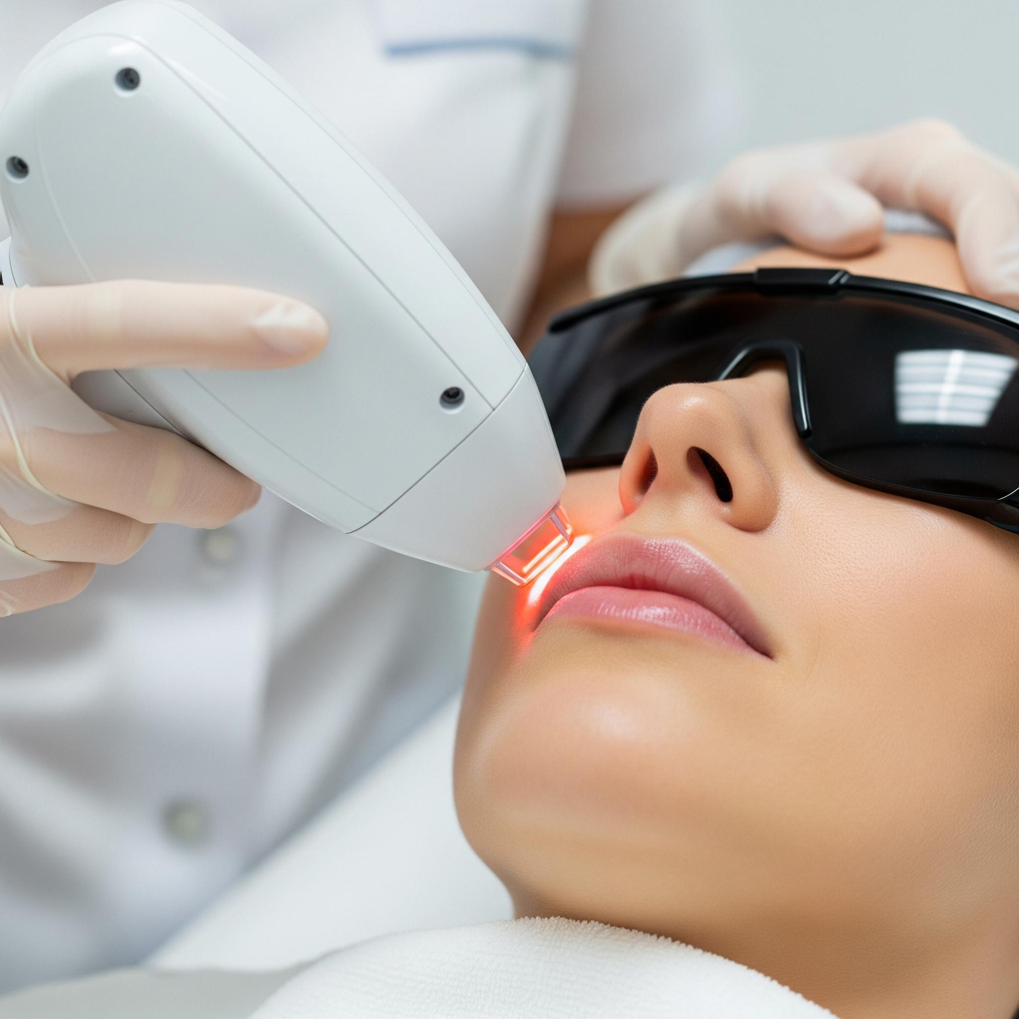 Frau auf der Behandlungsliege während einer professionellen Laserbehandlung