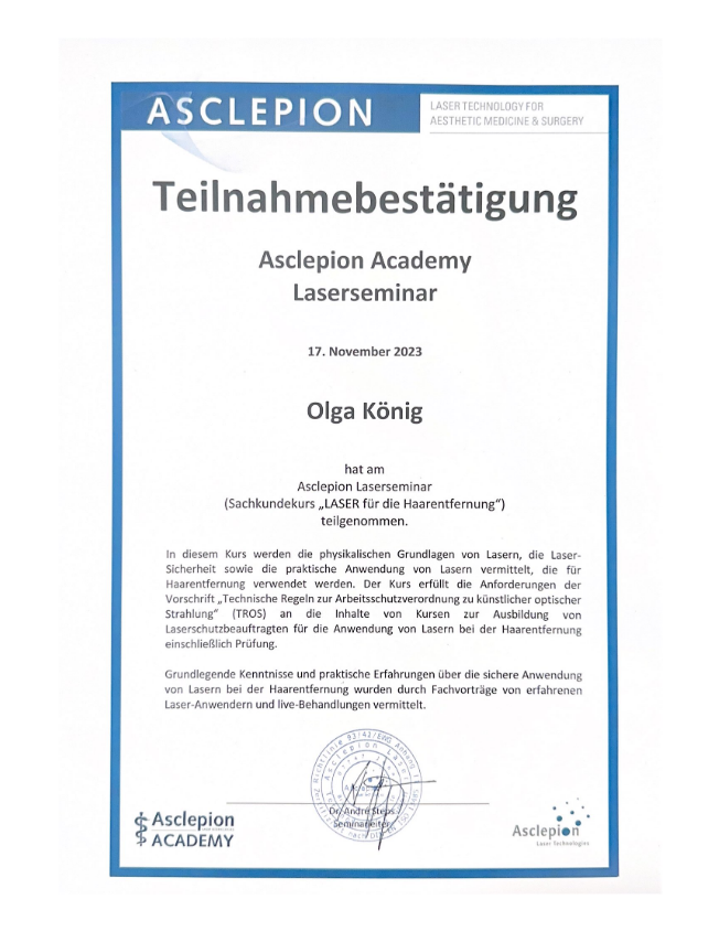 Laserseminar Zertifikat Ministry of Beauty